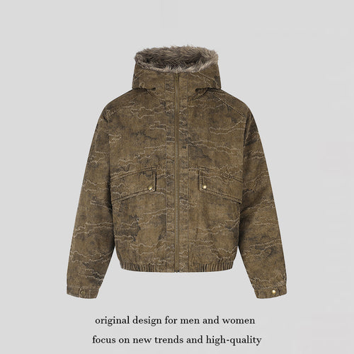 Damen Wattierte Kapuzen‑Bomberjacke mit Kunstfellbesatz, Camouflage‑Effekt und elastischem Saum Drune