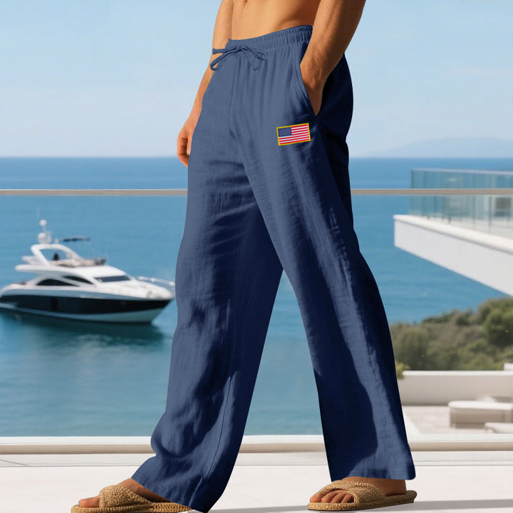 Herren Maritime Relaxed‑Fit Leinenoptik-Freizeithose mit Tunnelzug & Flaggen-Patch Drune