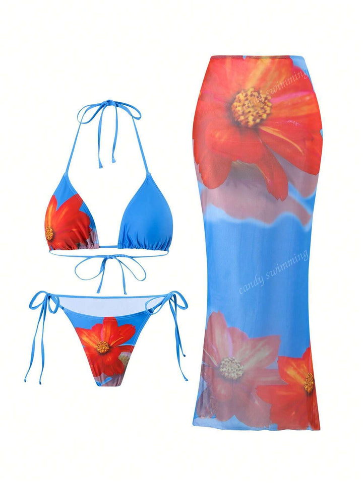 Damen Triangel-Bikini-Set mit floralen Mustern und transparentem Maxirock Drune