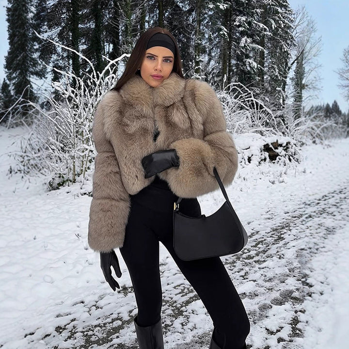 Damen Kurz geschnittener Luxus-Kunstpelzblouson mit voluminösem Schalkragen Drune