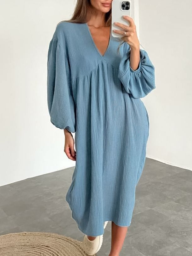 Damen lässiges Oversized-Kleid mit voluminösen Ärmeln und V-Ausschnitt Drune