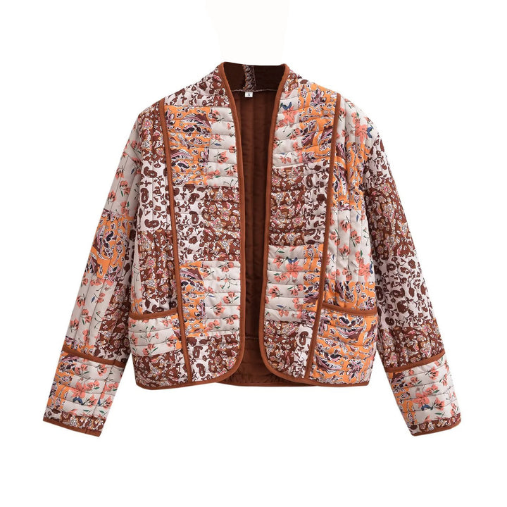 Damen Gesteppte Patchwork‑Steppjacke mit Blumenprint, offener Kimono‑Silhouette und aufgesetzten Taschen Drune