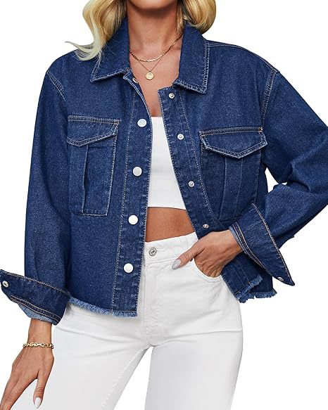 Damen Kurz geschnittene Oversize-Jeansjacke mit rohem Saum und aufgesetzten Brusttaschen Drune