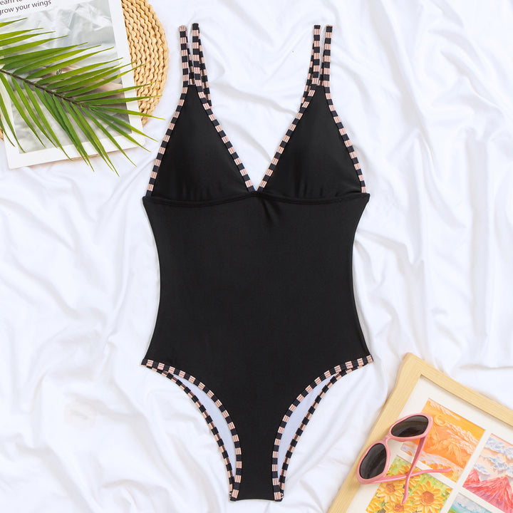 Damen eleganter Einteiler Badeanzug mit modischem V-Ausschnitt und stylischen Streifen Drune