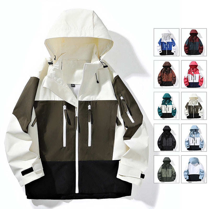 Herren Wasserabweisende Colorblock-Outdoorjacke mit Kapuze, Mehrfach-Reißverschlusstaschen und verstellbaren Bündchen Drune