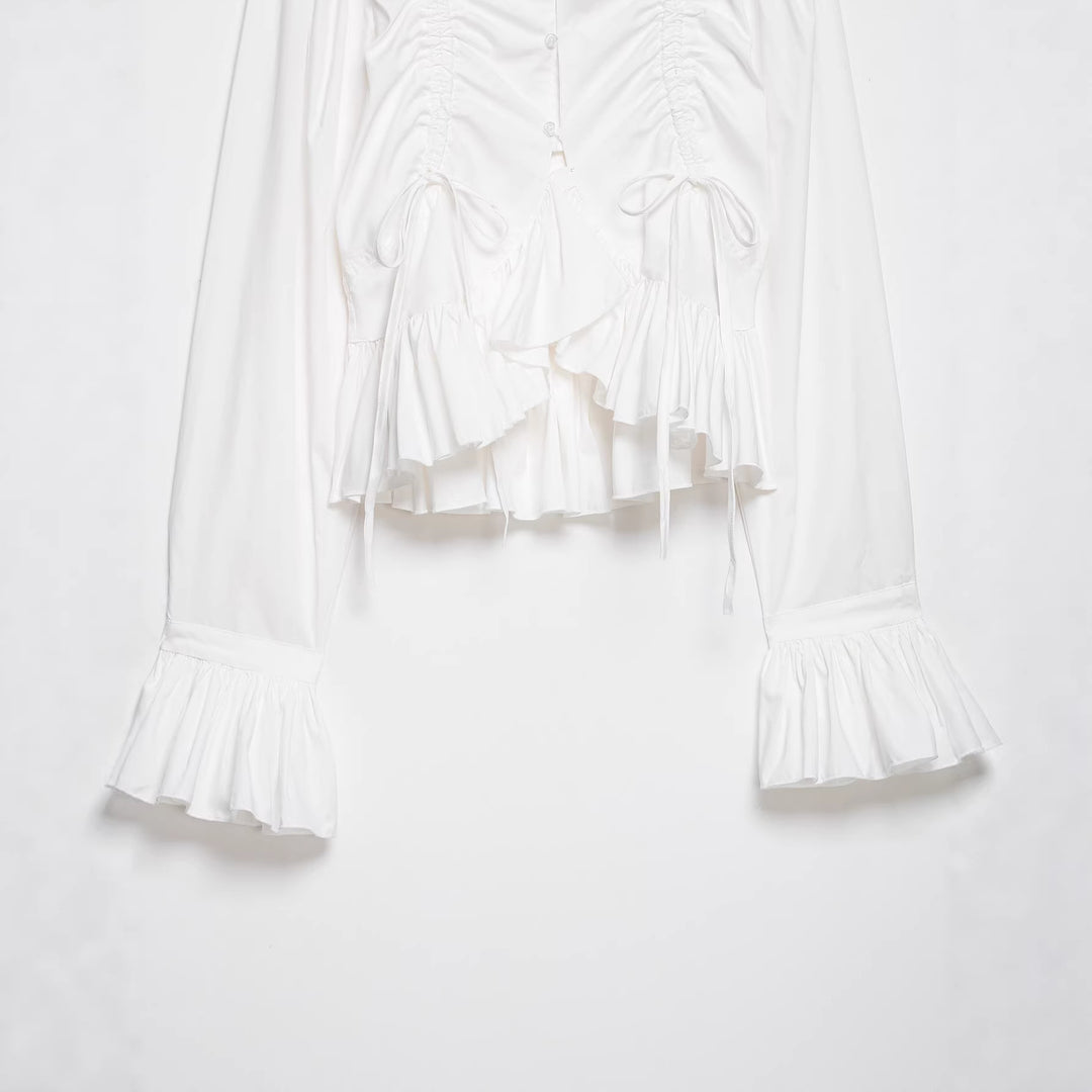 Damen Kurze geraffte Bluse mit Kordelzug, Rüschen und Ballonärmeln Drune