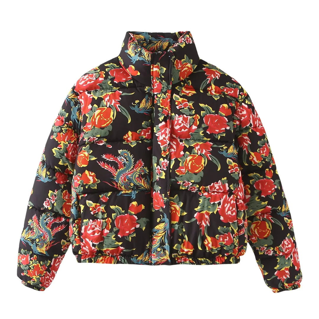 Damen nan gesteppte Daunenoptik Steppjacke mit floralem Alloverprint, Stehkragen und elastischem Saum Drune