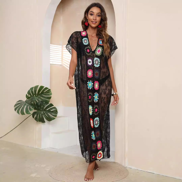 Damen Häkel-Kaftan mit fröhlichen Blumenmotiven Drune