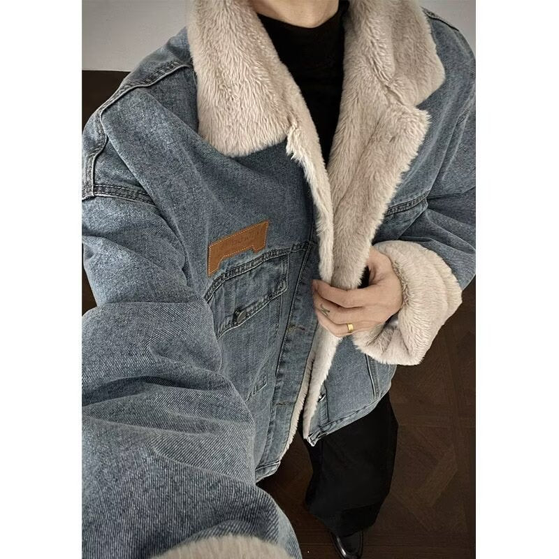 Herren Denim-Jacke mit Kunstfellkragen Drune