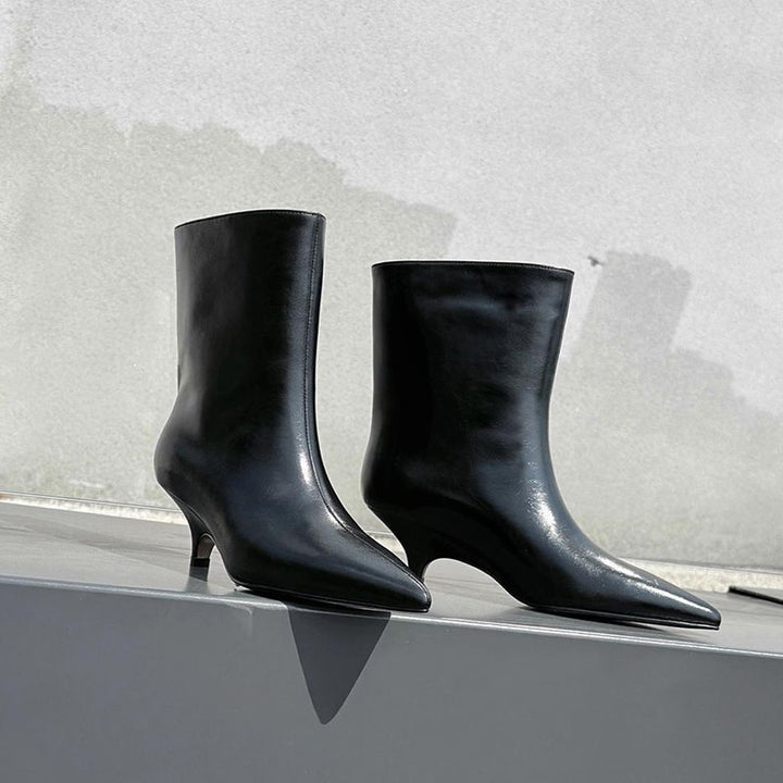Damen spitz zulaufende Stiefelette mit sculpted Kitten-Absatz und mid-calf Schaft Drune