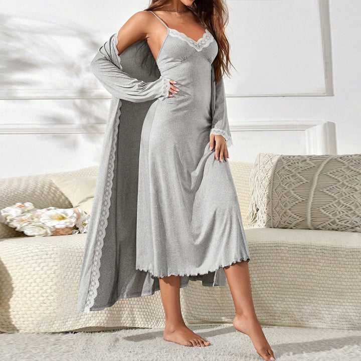 Damen luxuriöses Nachthemd mit elegantem Spitzenbesatz und langem Cardigan Drune