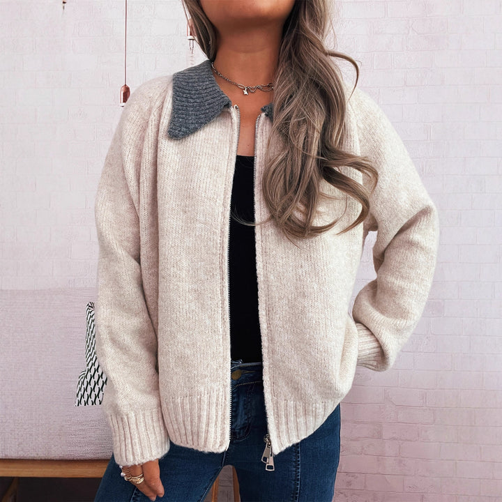 Damen lässige Strickjacke mit kontrastierendem Kragen und durchgehendem Reißverschluss Drune