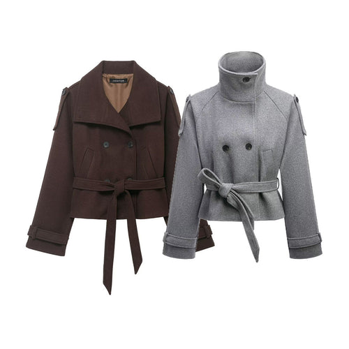 Damen Cropped Wollmix‑Kurzmantel mit hohem Stehkragen, Epauletten und Taillengürtel Drune