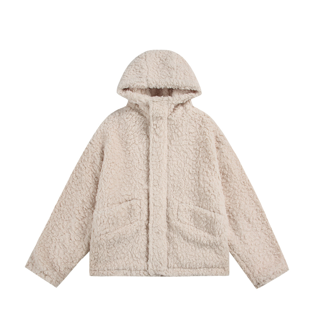 Damen Oversize Sherpa‑Kapuzenjacke mit verdeckter Frontblende und aufgesetzten Taschen Drune