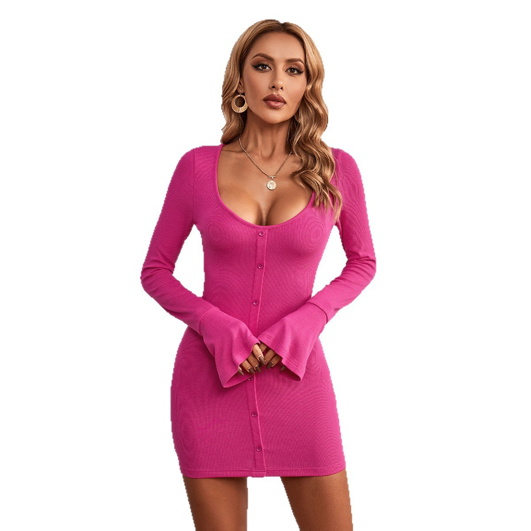Damen figurumschmeichelndes Bodycon-Minikleid mit durchgehender Knopfleiste, U‑Ausschnitt und Trompetenärmeln Drune