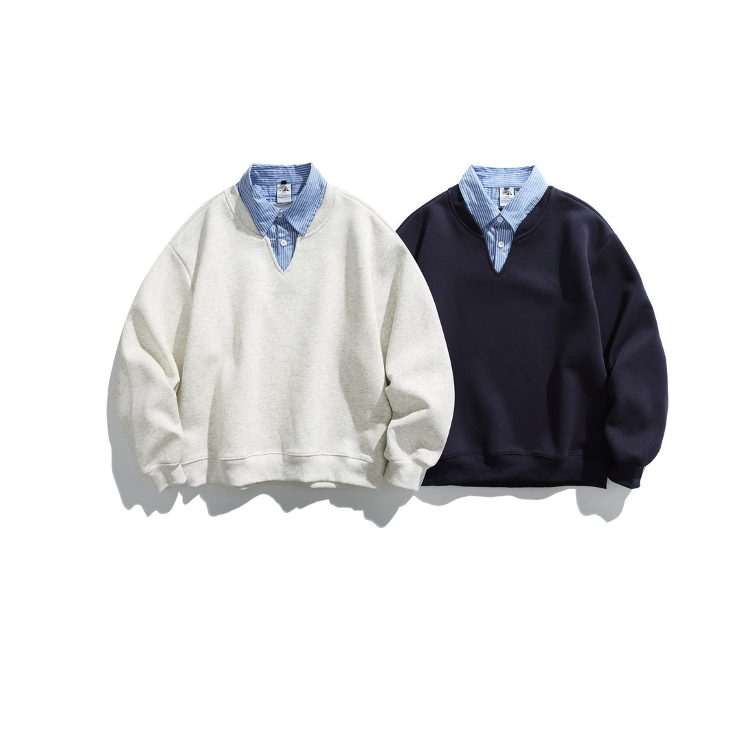 Unisex Sweatshirt im Layering-Look mit eingearbeitetem Hemdkragen und V-Ausschnitt Drune