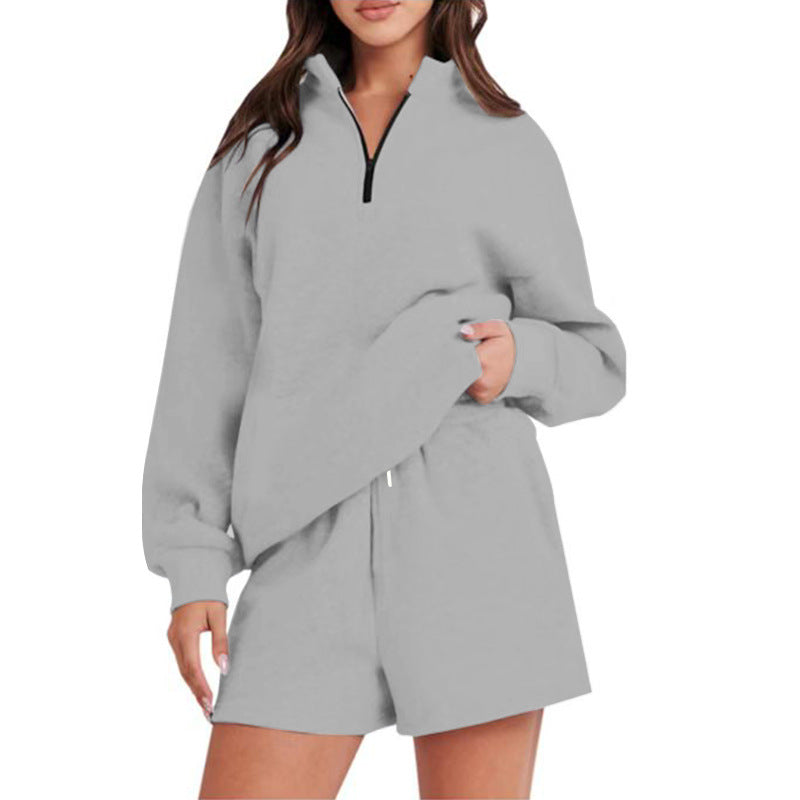 Damen Sportlicher Sweatshirt-Hosen-Set mit hohem Kragen und praktischem Reißverschluss Drune