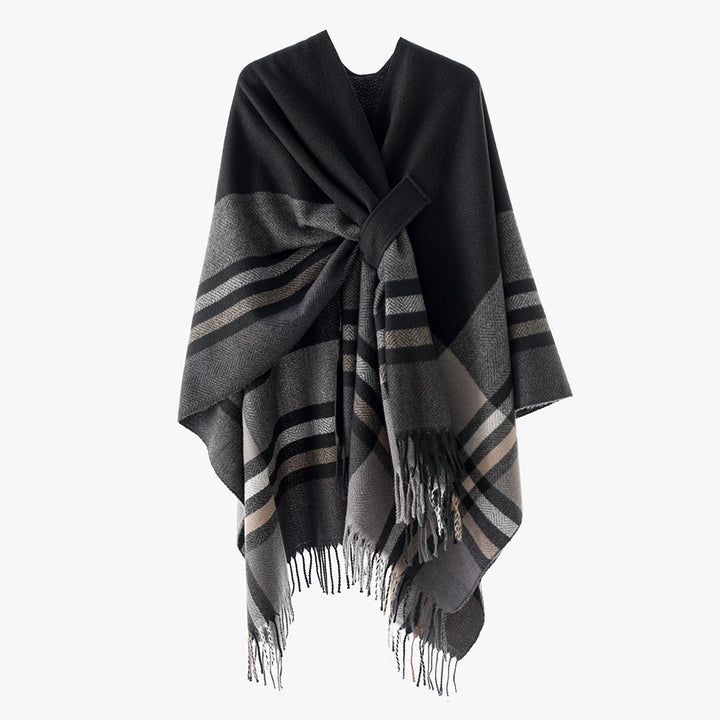Damen Cape-Umhang aus Wollmix mit Bindegürtel und Karodessin Drune