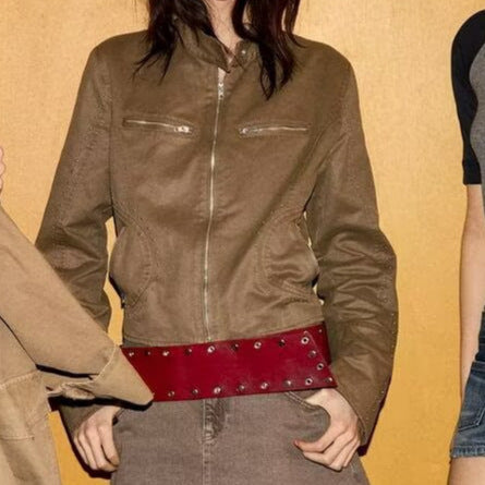 Damen Kurzblouson im Velourslook mit Stehkragen, Reißverschluss und Ziernieten Drune