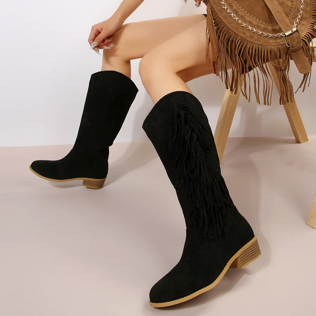 Damen knielange Wildlederimitat-Stiefel mit langen Fransen, mittlerem Blockabsatz und gepolstertem Komfortfußbett Drune