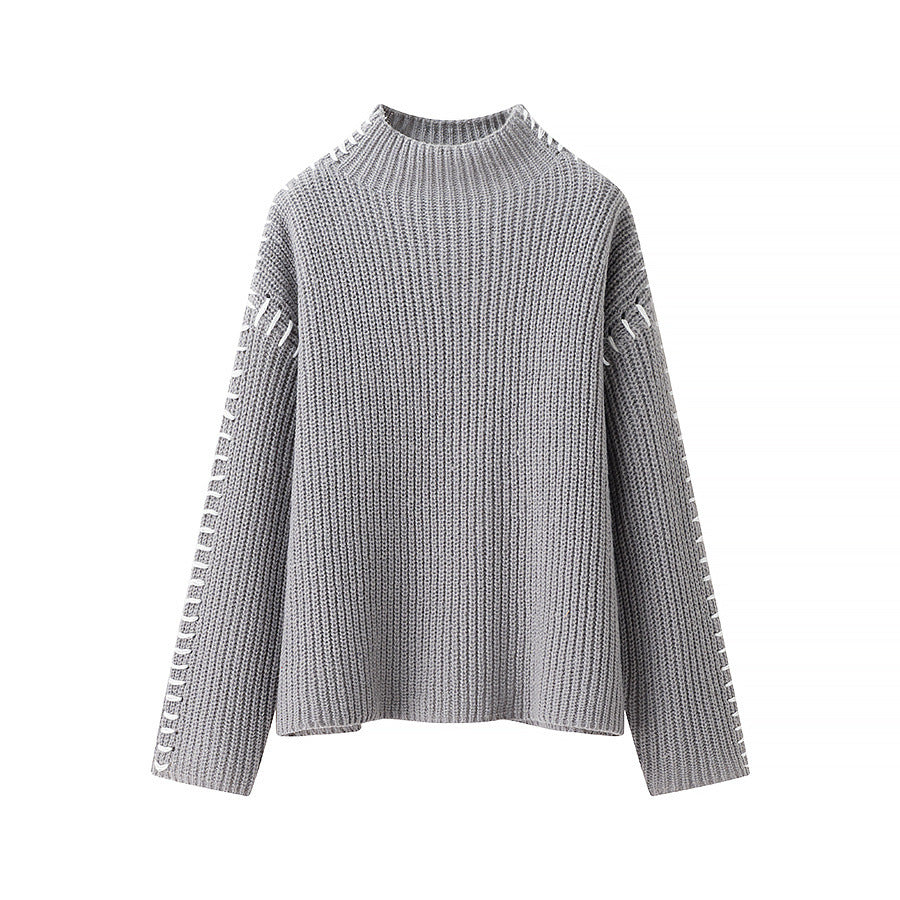 Damen nan grober Strickpullover mit Stehkragen, oversized Schnitt und dekorativer Seitenstich-Ärmelnaht Drune