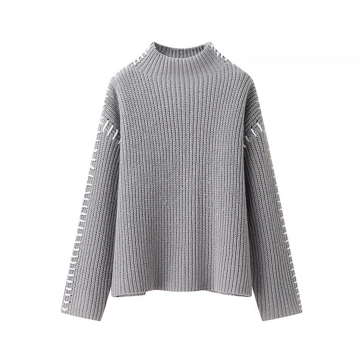 Damen nan grober Strickpullover mit Stehkragen, oversized Schnitt und dekorativer Seitenstich-Ärmelnaht Drune