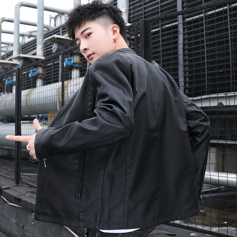 Herren Schlanker Kunstleder‑Moto‑Blouson mit Stehkragen und Reißverschlussärmeln Drune