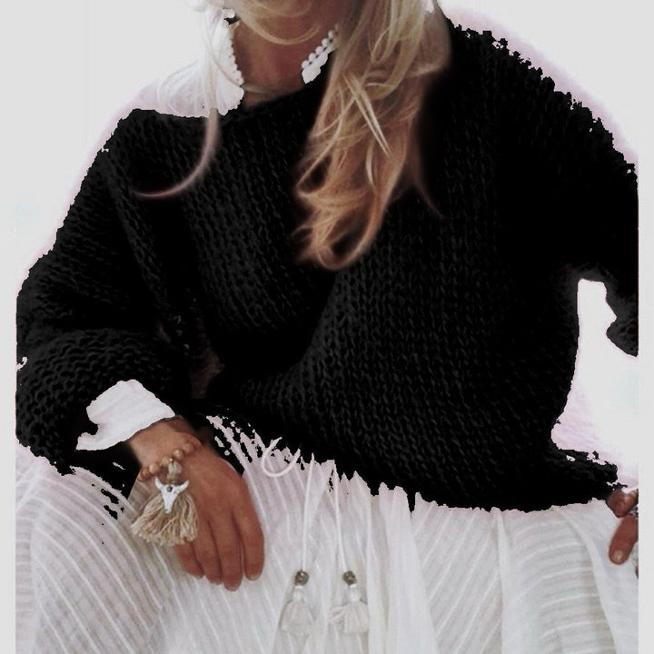 Damen lässiger Grobstrickpullover mit offenen Maschen und überschnittenen Schultern Drune