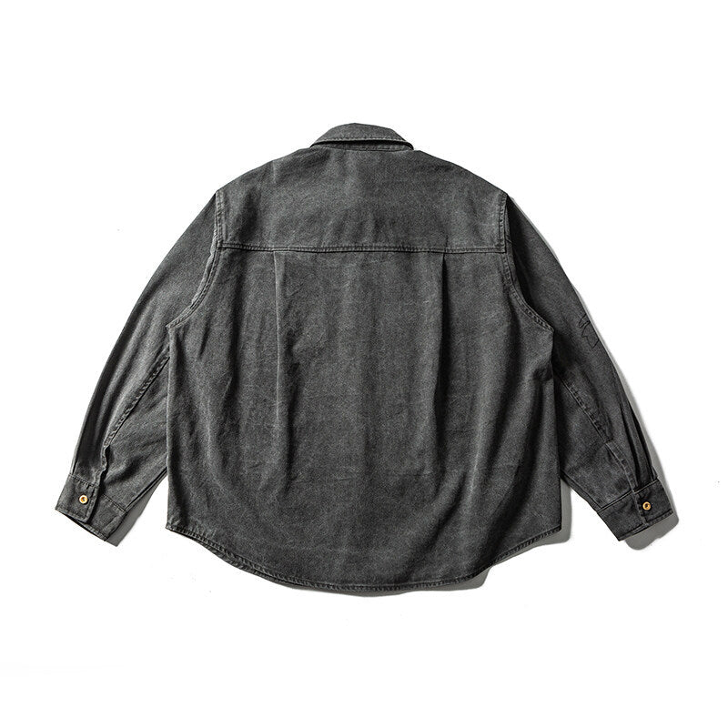 Unisex Oversize Hemdjacke mit gestickten Blattmotiven und abgerundetem Saum Drune