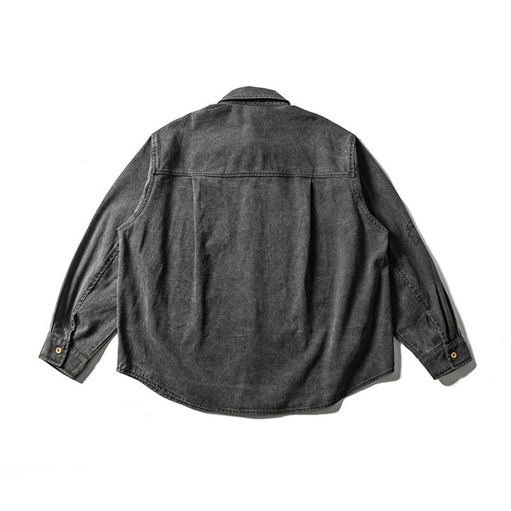 Unisex Oversize Hemdjacke mit gestickten Blattmotiven und abgerundetem Saum Drune