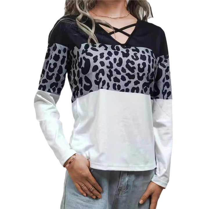 Damen lässiges Langarmshirt mit modischem Leopardenmuster und raffiniertem V-Ausschnitt Drune