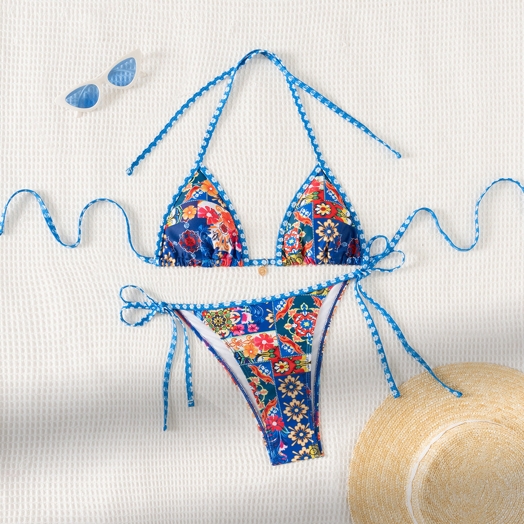 Damen Triangel-Bikini mit floralem Muster und Raffungen Drune