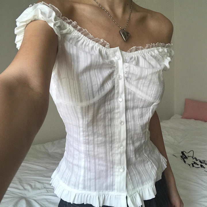 Damen Off-Shoulder Bluse mit Rüschensaum und Knopfdetails Drune