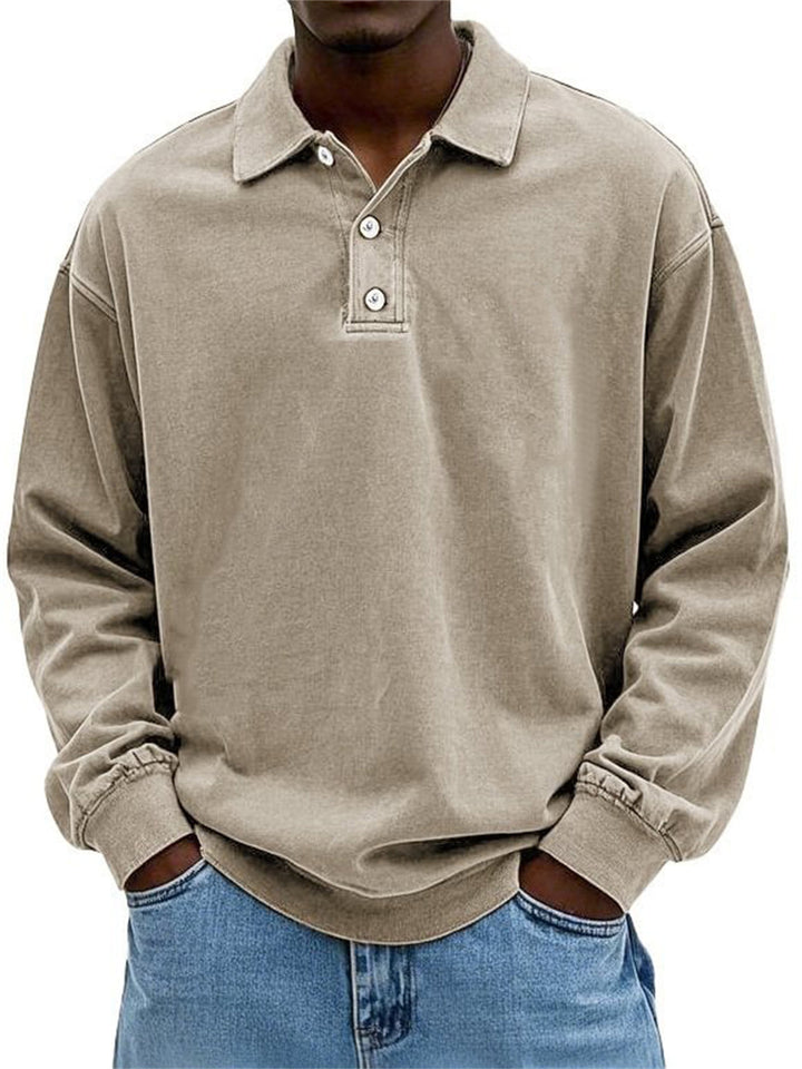 Herren Oversize Denim-Look Polo-Sweatshirt mit kurzer Knopfleiste und elastischen Bündchen EB