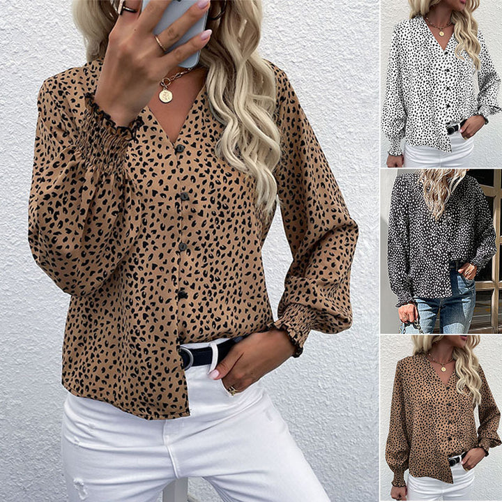 Damen Leichtfall-Bluse mit V-Ausschnitt, durchgehender Knopfleiste und gerüschten Manschetten Drune