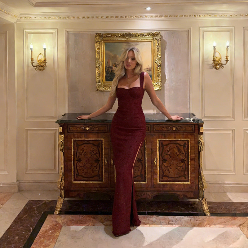 Damen Glitzerndes Abendkleid mit tiefem Ausschnitt und eleganten Spaghettiträgern Drune