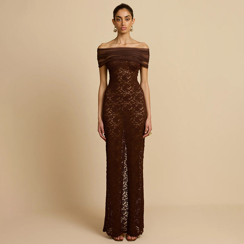 Damen Elegantes Spitzenabendkleid mit schulterfreiem Design und raffiniertem Schlitz Drune