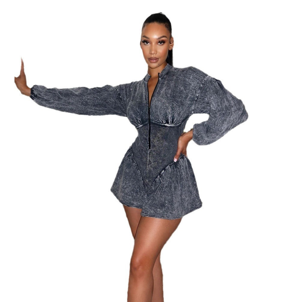 Damen Modischer Wickel-Overall mit Puffärmeln Drune