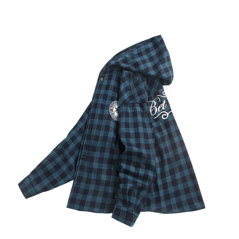 Unisex Kariertes Kapuzen-Overshirt aus Flanell mit Logostickerei und Oversize-Schnitt Drune