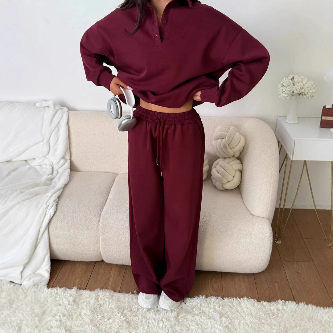 Damen weites Polo-Lounge-Set mit elastischem Tunnelzugbund und Wide‑Leg-Jogginghose Drune