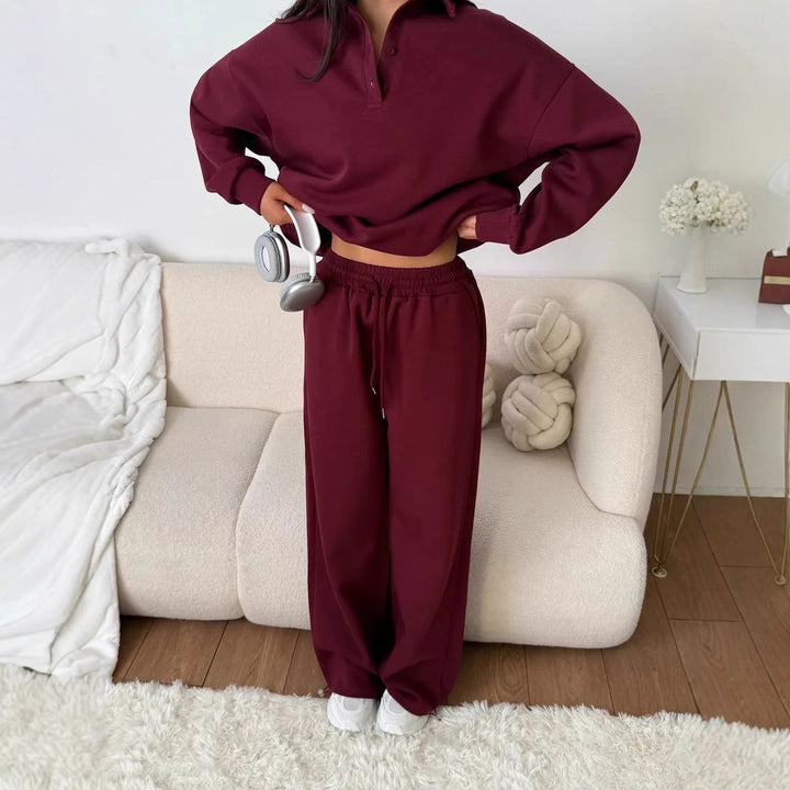 Damen weites Polo-Lounge-Set mit elastischem Tunnelzugbund und Wide‑Leg-Jogginghose Drune