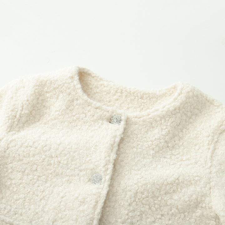 Damen nan Cropped Boucléjacke mit Rundhalsausschnitt, aufgesetzten Pattentaschen und glitzernden Zierknöpfen Drune