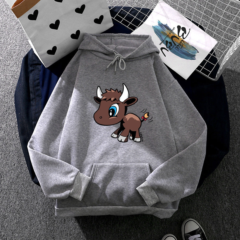 Damen nan Kapuzenpullover mit charmantem Stier-Karikaturprint, Kängurutasche und entspanntem Oversize-Schnitt Drune