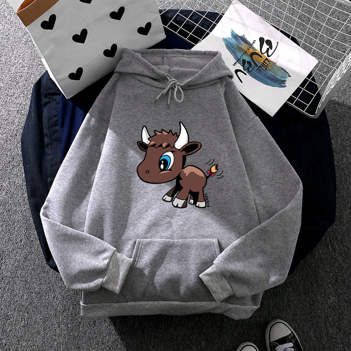 Damen nan Kapuzenpullover mit charmantem Stier-Karikaturprint, Kängurutasche und entspanntem Oversize-Schnitt Drune