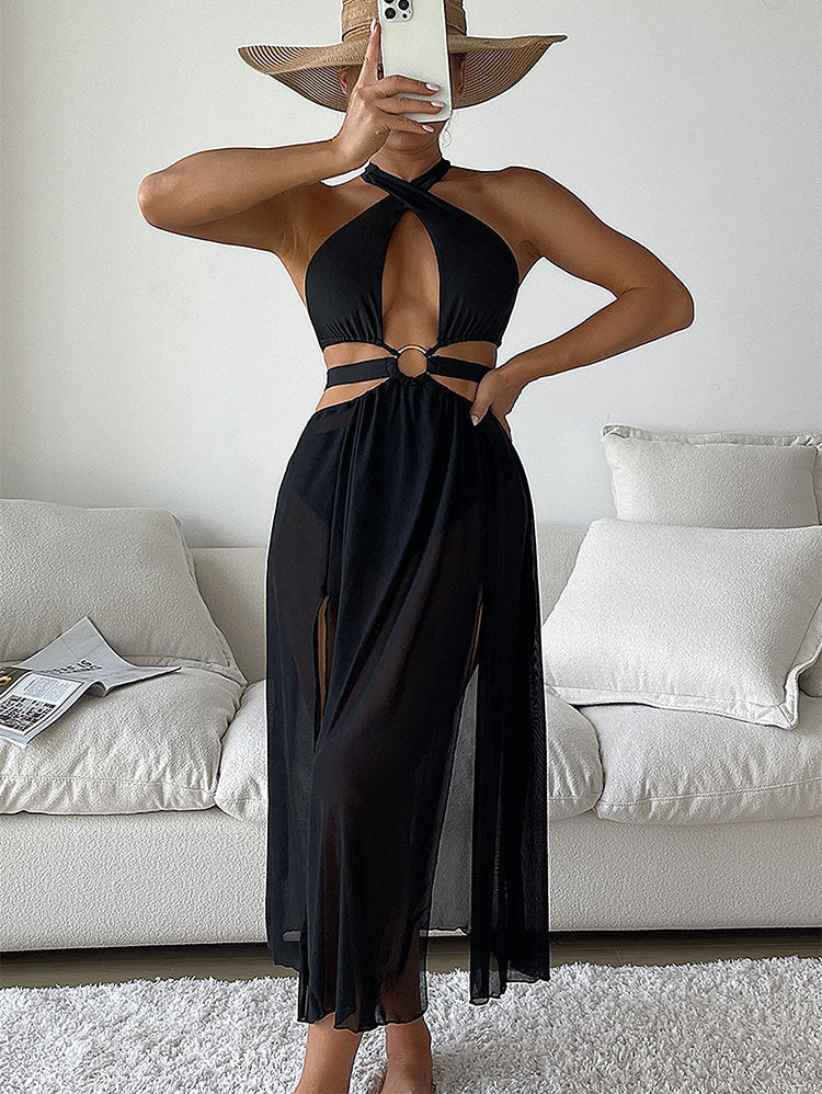 Damen elegantes Strandkleid mit Riemen und Ringdetail Drune
