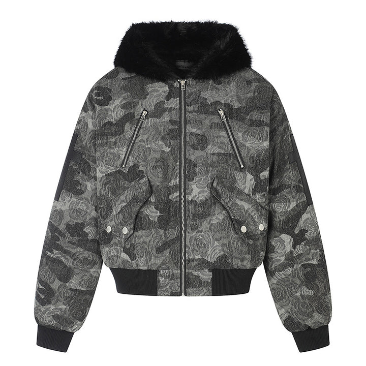 Damen wattierte Bomberjacke mit Kunstfellkapuze, Rosen‑Jacquard und Zipper‑Details Drune