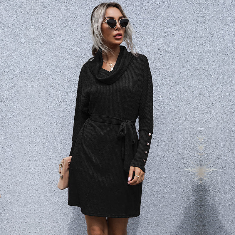 Damen Strickkleid mit weitem Rollkragen, Bindegürtel und Oversize-Ärmeln Drune