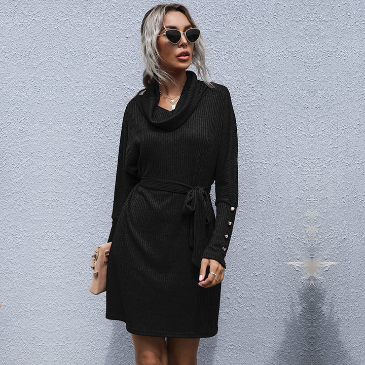 Damen Strickkleid mit weitem Rollkragen, Bindegürtel und Oversize-Ärmeln Drune