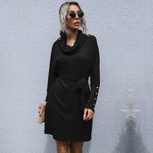 Damen Strickkleid mit weitem Rollkragen, Bindegürtel und Oversize-Ärmeln Drune
