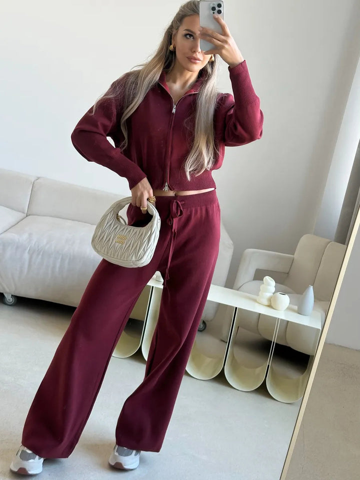 Damen gestricktes Lounge-Set mit kurzem Reißverschluss-Cardigan und weitem High-Waist-Jogginghose Drune
